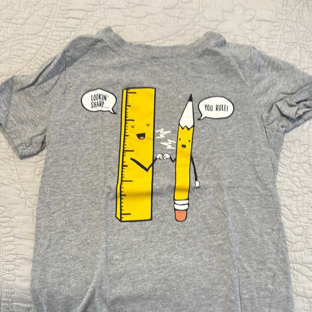 Gray Kids Shirt with Fun Ruler and Pencil Design